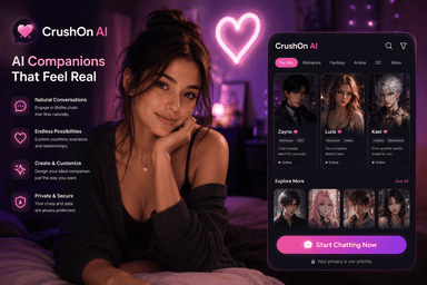 CrushOn AI homepage preview for AI character roleplay and companion chat